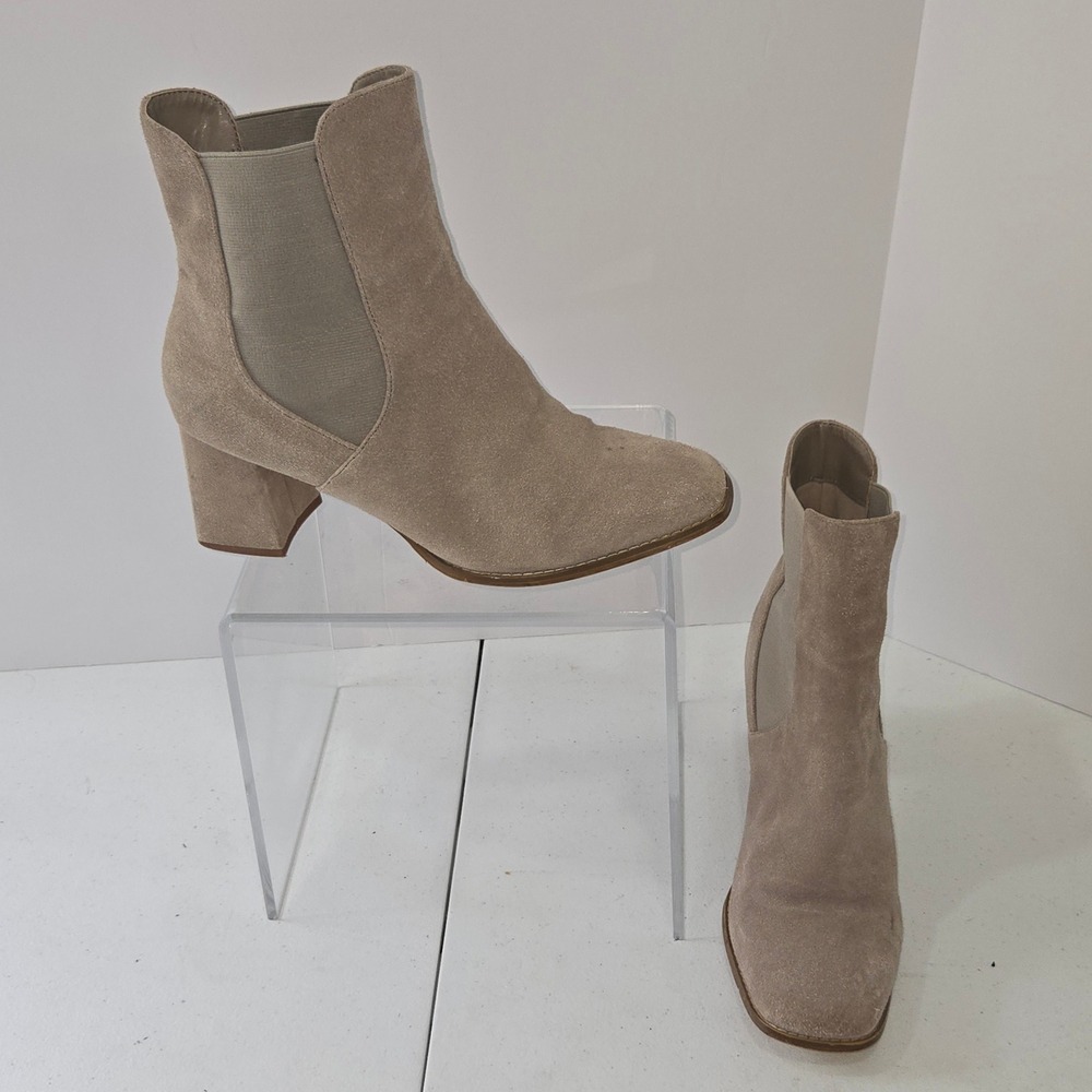 Nordstrom Rack RKMONICA-LEA Taupe Suede Square Toe Block Heel Chelsea Boots 10M